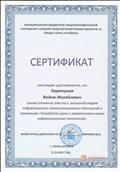 Сертификат за активное участие в школьной неделе информационно коммуникативных технологий в номинации "Разработка урока с применением новых информационных технологий".
