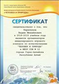Сертификат организатора Международного игрового конкурса по естествознанию "Человек и природа 2019-2019"